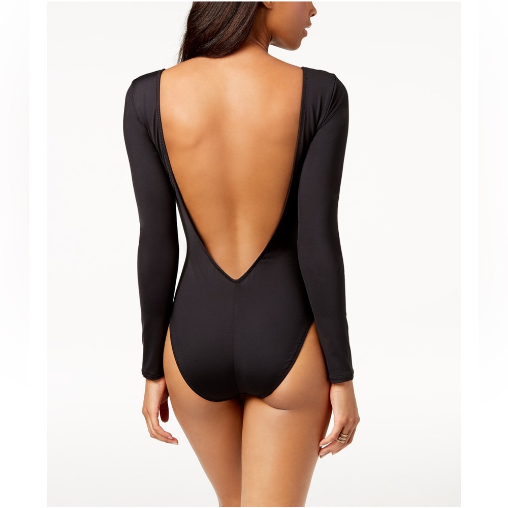 Kenneth Cole One-Piece Swimsuit Plunging Lace-Up Front Long-Sleeve Size L Black - Picture 2 of 14